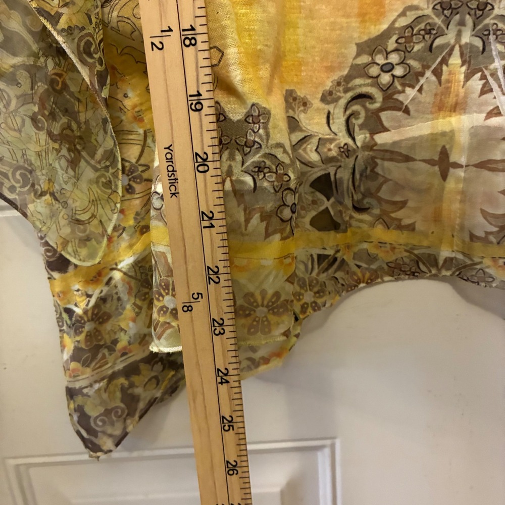 One World Embellished Lace Accent Top Boho Chic Yellow Print Blouse Size Small - Picture 10 of 10
